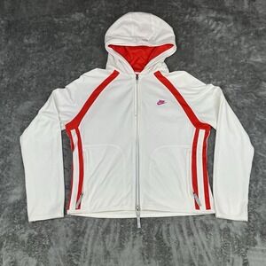 Vtg Y2k Nike Womens White/Red Full Zip Reflective Running Hooded Jacket Size M/L